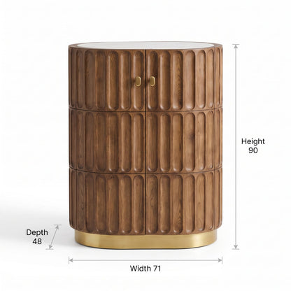Aurora - Acacia Wood Bar Cabinet with Fluted Panel Design & Natural Marble Top