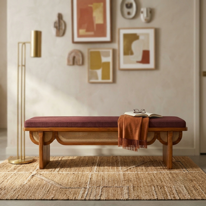 Sheesham Wood Designer Cane Bench with Maroon Upholstered Seat