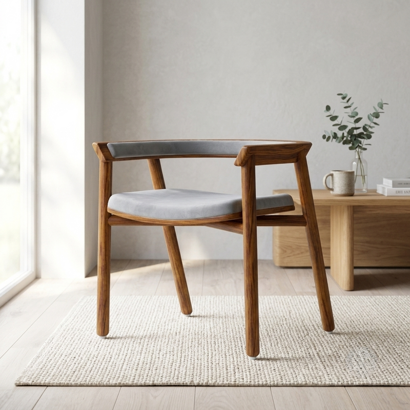 Sheesham Wood Armchair with Grey Cushioned Seat & Backrest - Modern Mid-Century Accent Chair