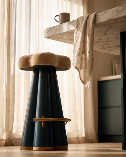Opal Blue & Gold Bar Stool with Padded Beige Seat