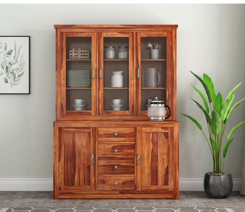 Suryavanshi Furniture Sheesham Wood Kitchen Buffet | Hutch Cabinet : Elegant Storage Solution with Glass Doors and Drawers | Crockery Cabinet | Natural Finish