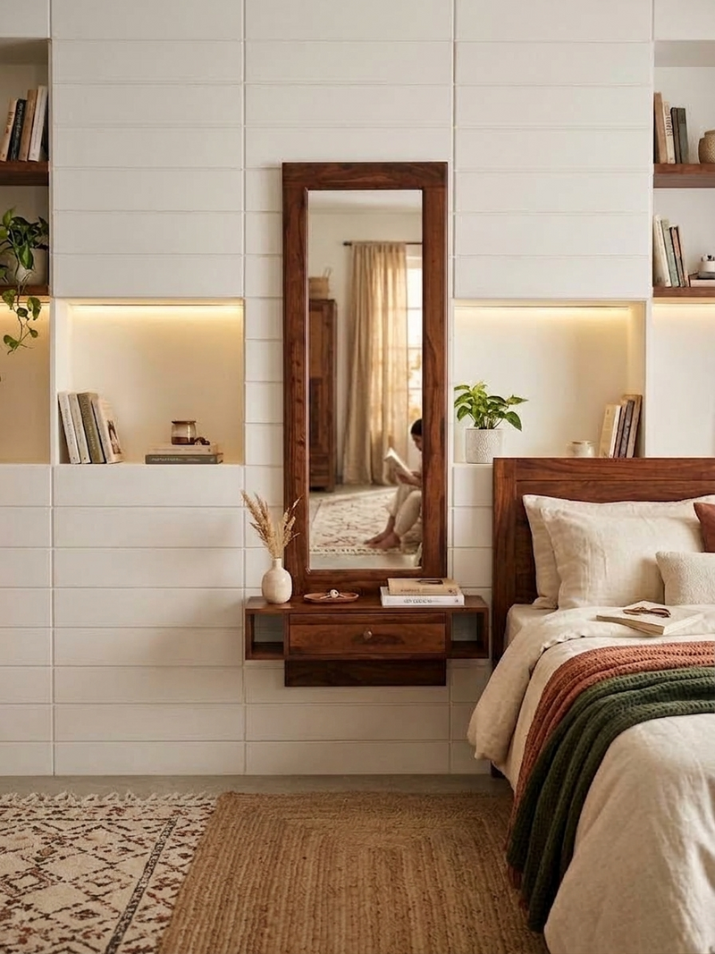Solid Wood Wall-Mounted Dressing Mirror with Drawer & Side Storage