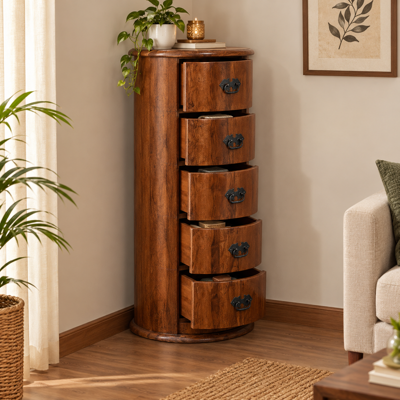 Windsor - Sheesham Wood Round Chest of Drawers with Antique Black Metal Handles, 5 Drawer Storage Cabinet