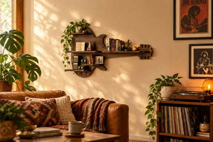 Suryavanshi Milan Guitar Shaped Wooden Floating Wall Shelf for Home Decor