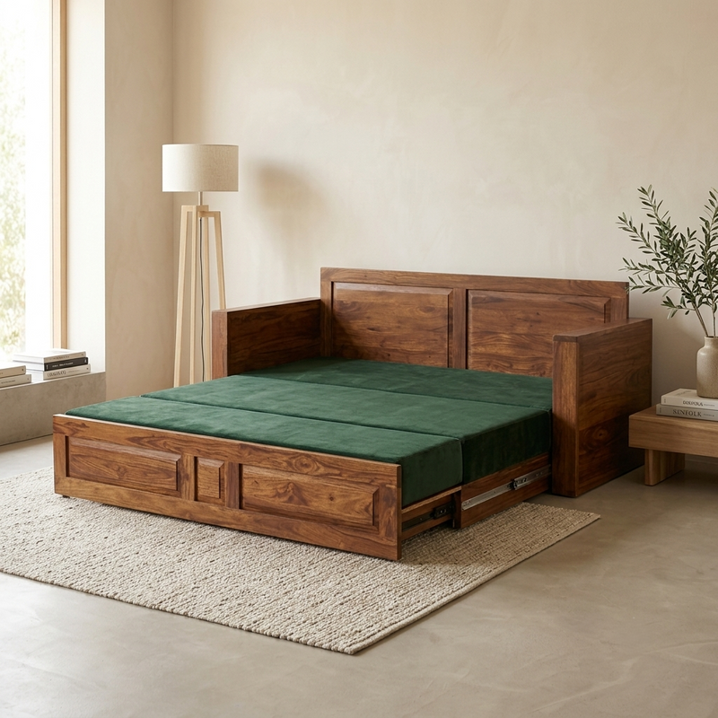 Florio Sheesham Wood Sofa Cum Bed with Green Upholstered | Convertible Wooden Sofa Bed with Storage