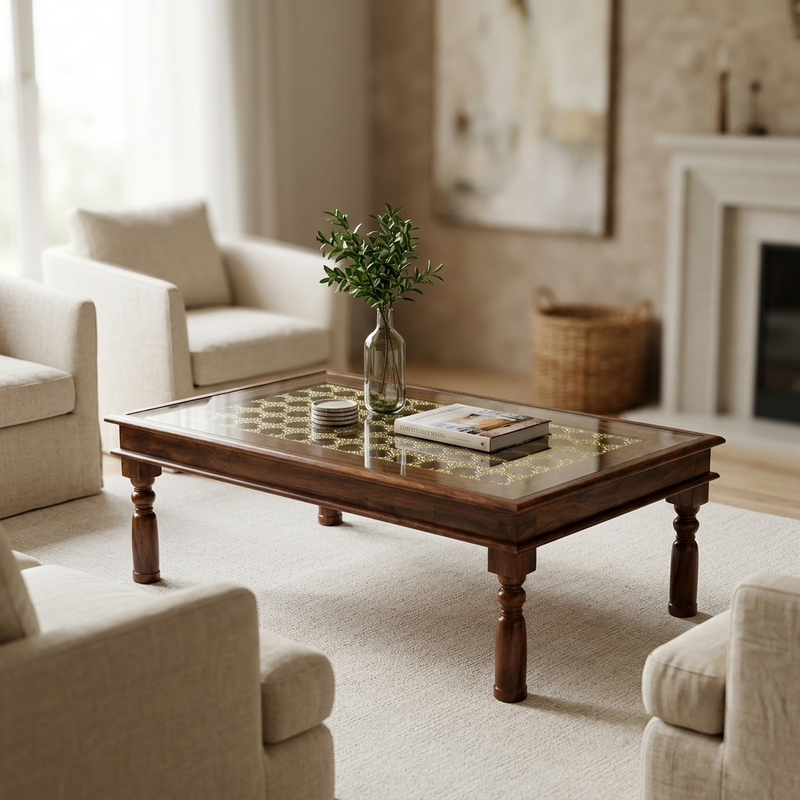 Stratford Sheesham Wood Center Table with Glass Top and Ornate Brass Work – Handcrafted Style