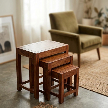 Sheesham Wood Nesting Tables Set of 3 – Space-Saving Side Tables in Honey Finish
