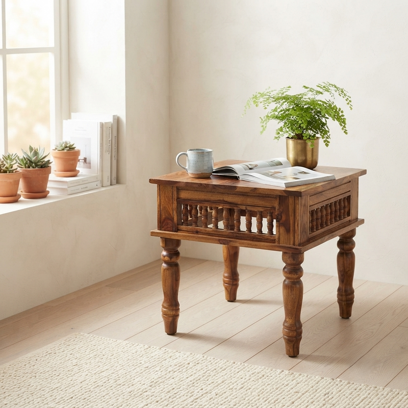 Suryavanshi Kothari Handcrafted Wooden Side Table with Honey Finish & Carved Legs