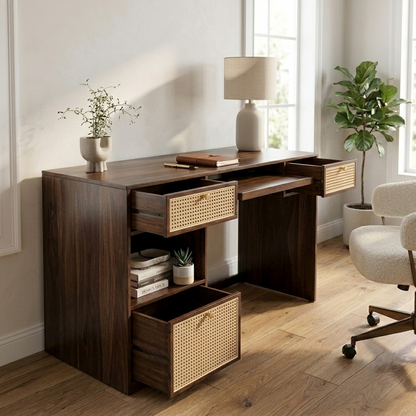 Suryavanshi Sheesham Wood Study Desk with Cane-Woven Drawers – Walnut Finish