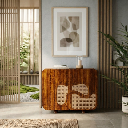 Sheesham Wood Modern Shoe Cabinet with Cane Rattan Doors, Wave Design Storage