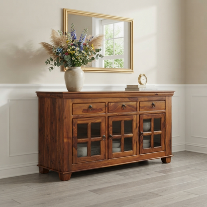Suryavanshi Sheesham Wood 3 Glass Door & 3-Drawer Sideboard, for Living Room