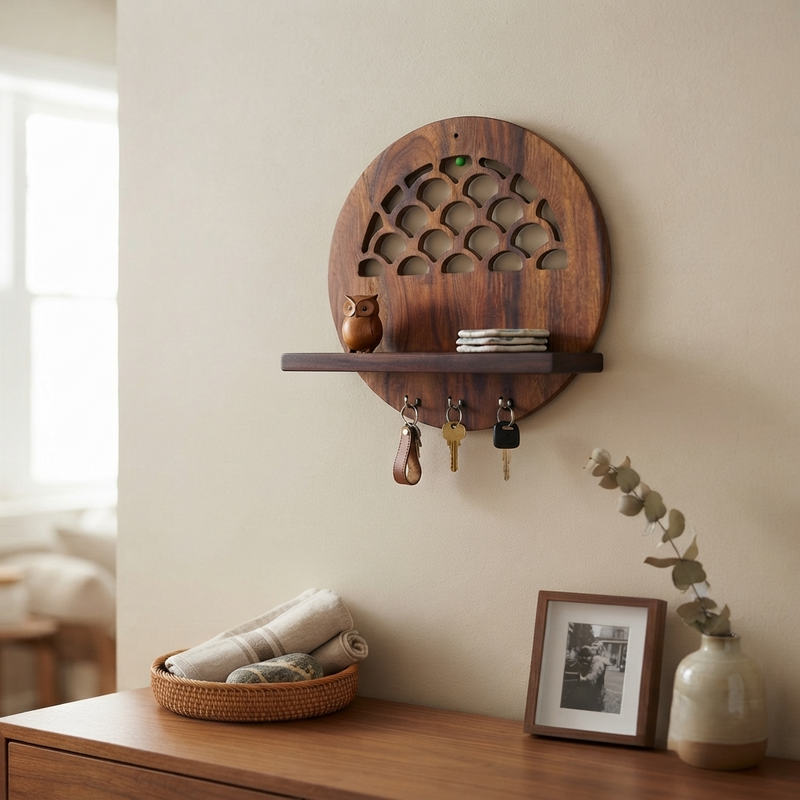 Suryavanshi Florence Wooden Wall Shelf with Key Hooks and Arch Cutout Design