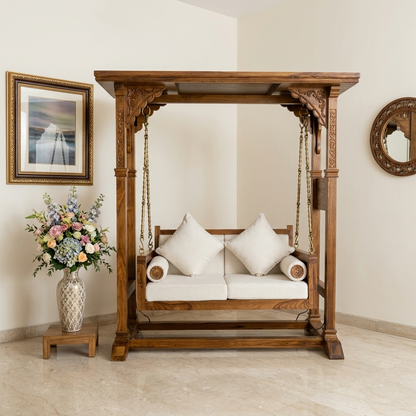 Ambar Solid Wood Temple Swing with Stand | Traditional Hand-Carved Wooden Jhula For Living Room
