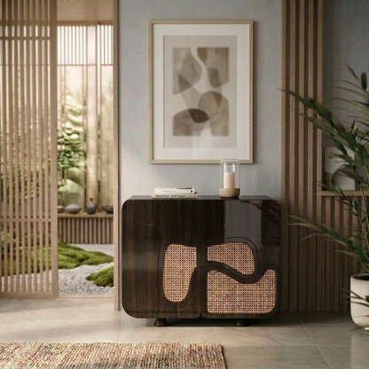 Sheesham Wood Modern Shoe Cabinet with Cane Rattan Doors, Wave Design Storage