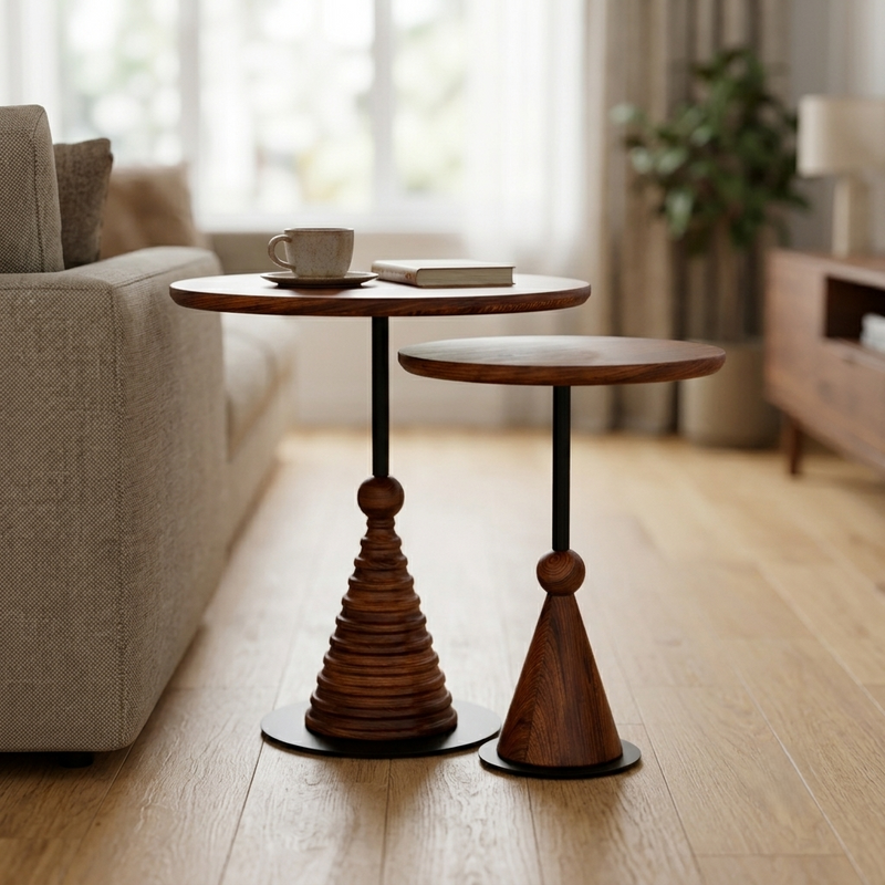 Sheesham Wood Round Nesting Side Tables Set of 2 with Black Metal Details