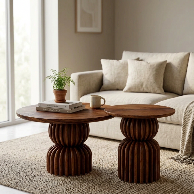Sheesham Wood Nesting Coffee Tables Set of 2 - Sculptural Ribbed Pedestal Base