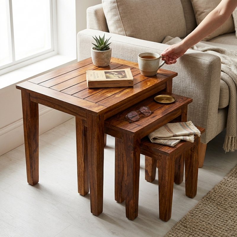 Sheesham Wood Nesting Side Tables Set of 3 – Stackable and Versatile in Honey Finish