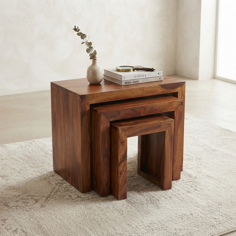 Suryavanshi Venice Solid Wood Nesting Tables Set of 3, Handcrafted Side Tables
