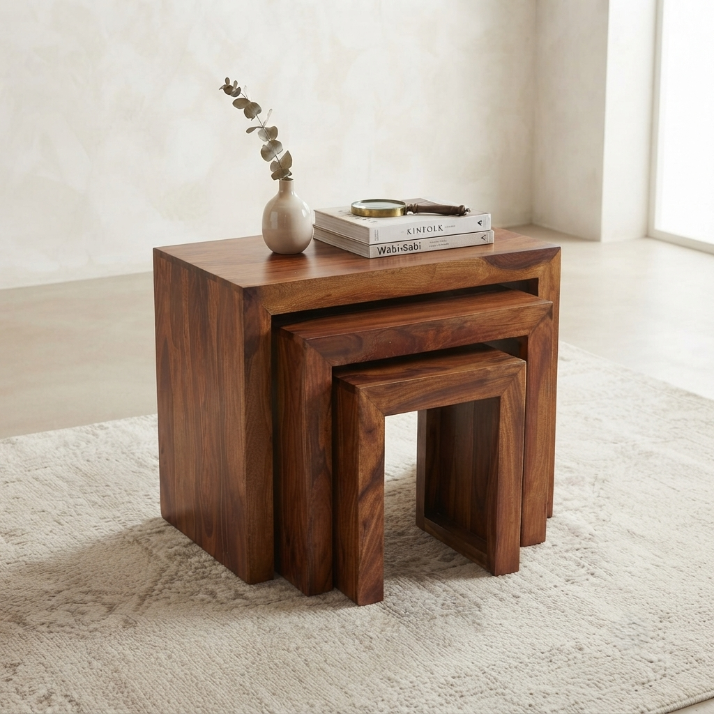 Suryavanshi Venice Solid Wood Nesting Tables Set of 3, Handcrafted Side Tables