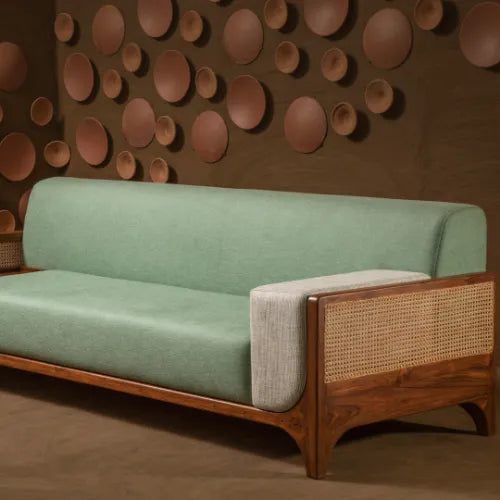 Suryavanshi Sage Harmony Rattan Sofa – Solid Wood Frame with Cane Detailing & Sage Green Upholstery