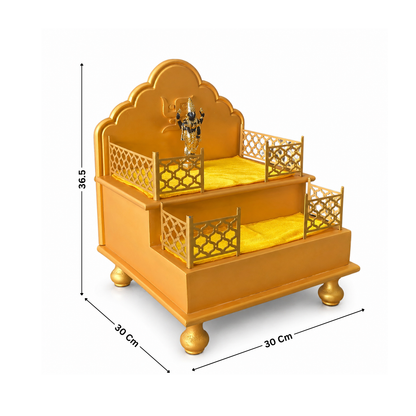 Wooden Singhasan for Home Temple | Handmade Pooja Throne for God Idol | Decorative Mandir Chowki for Laddu Gopal, Krishna & Deity Placement | Golden Finish 2-Step Design (Idol Not Included)