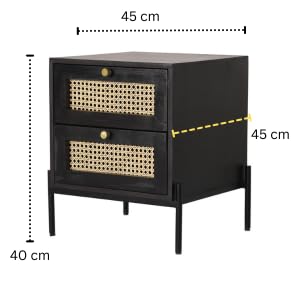 Suryavanshi Sheesham Wood Handcrafted Black Wooden Side Table with Rattan Drawers – Stylish and Functional Storage Cabinet for Bedroom, Bed Side Table(45D x 45W x 40H Cm)