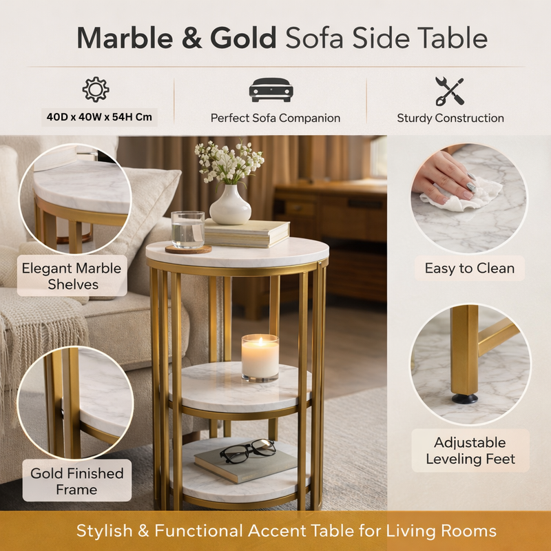 Modern Round Marble Top Side Table With Shelf