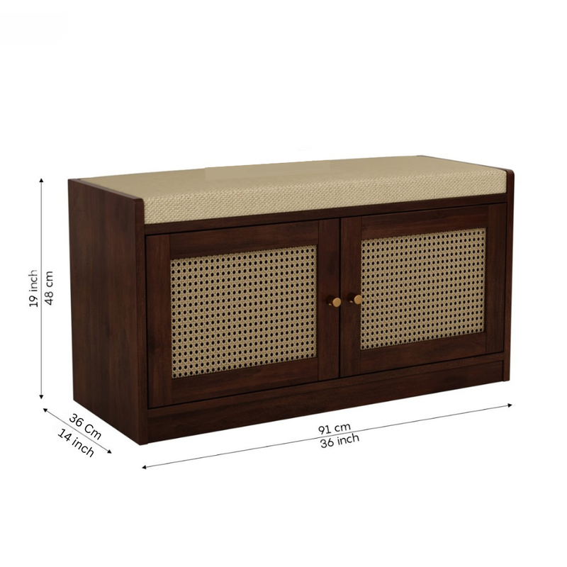 Bockle Premium Solid Wood Shoe Rack With Cane Work & Cushioned Seating
