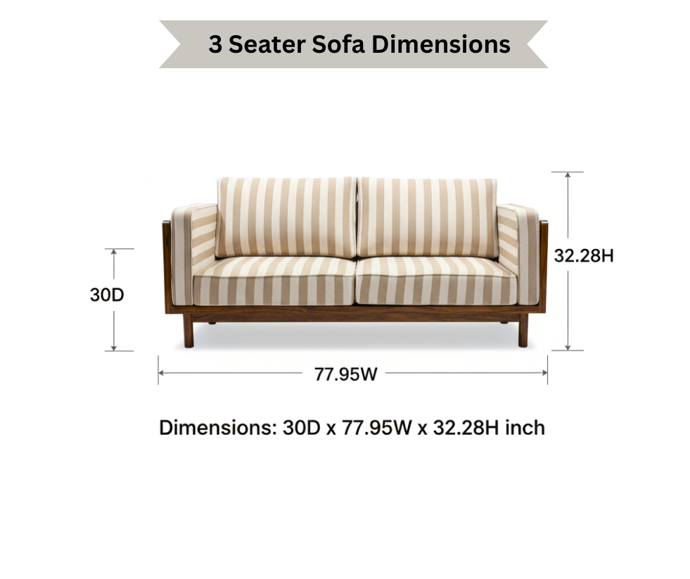 Linen Haze Striped Sofa Sheesham Wood 3 -Seater Sofa with Handwoven Cane Panel - Honey Finish