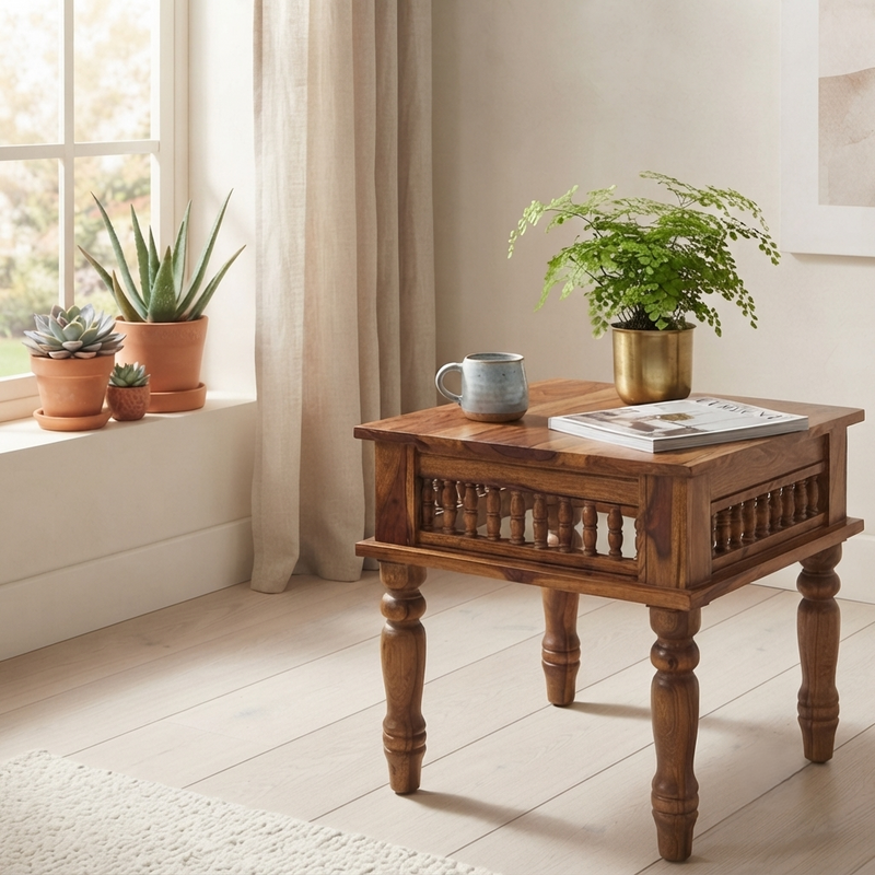 Suryavanshi Kothari Handcrafted Wooden Side Table with Honey Finish & Carved Legs