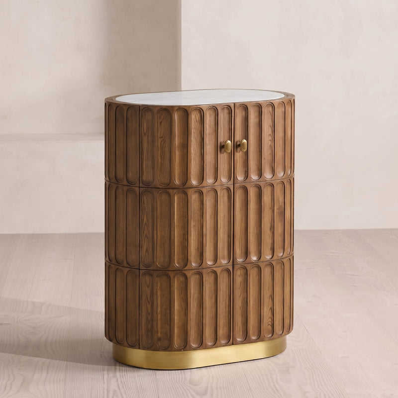 Aurora - Acacia Wood Bar Cabinet with Fluted Panel Design & Natural Marble Top