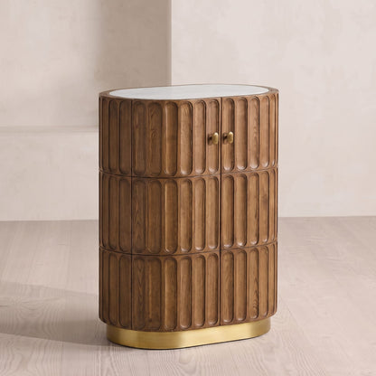 Aurora - Acacia Wood Bar Cabinet with Fluted Panel Design & Natural Marble Top