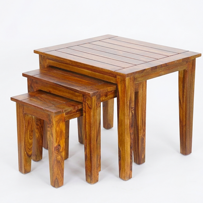 Sheesham Wood Nesting Side Tables Set of 3 – Stackable and Versatile in Honey Finish