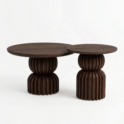 Sheesham Wood Nesting Coffee Tables Set of 2 - Sculptural Ribbed Pedestal Base