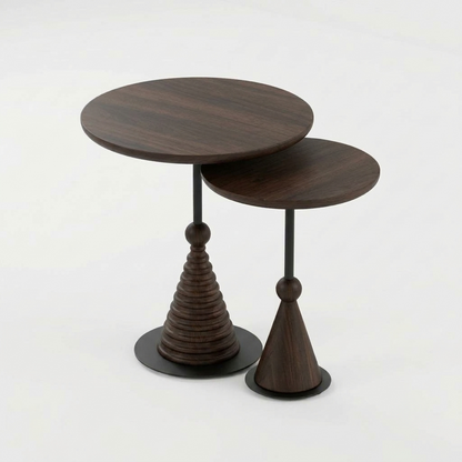 Sheesham Wood Round Nesting Side Tables Set of 2 with Black Metal Details