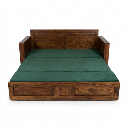 Florio Sheesham Wood Sofa Cum Bed with Green Upholstered | Convertible Wooden Sofa Bed with Storage
