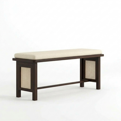 Sheesham Wood Bench with Cream Upholstered Seat & Woven Cane Panels