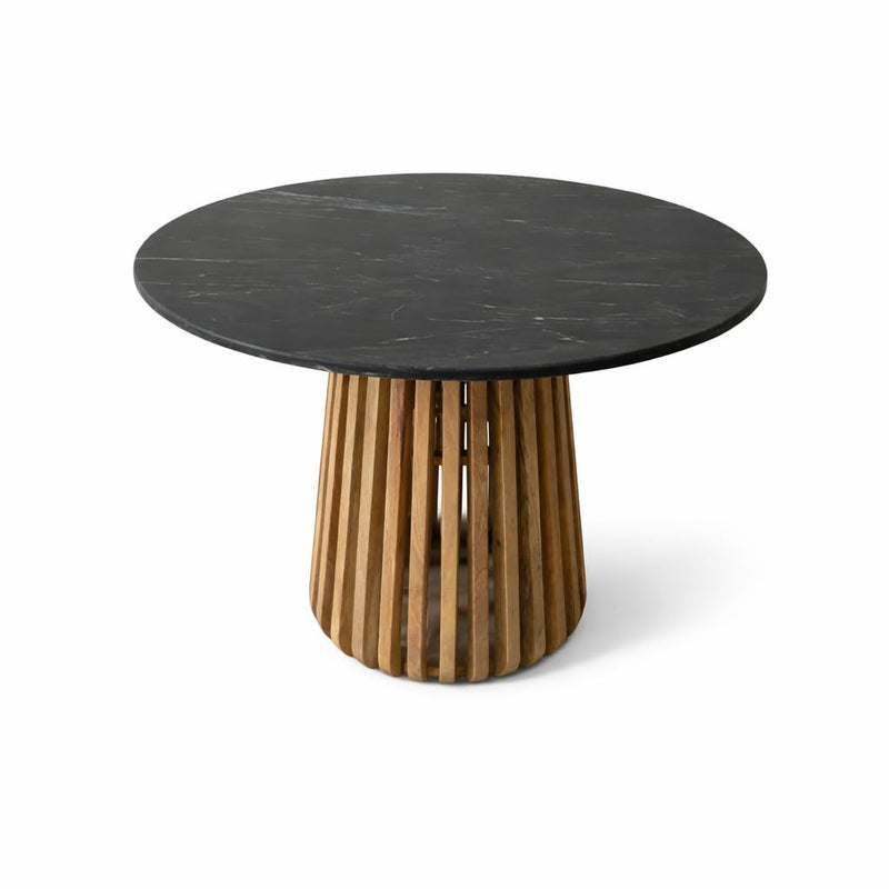 Suryavanshi - Bristol Round Black Marble Dining Table with Wooden Slatted Pedestal Base