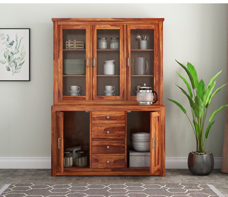 Suryavanshi Furniture Sheesham Wood Kitchen Buffet | Hutch Cabinet : Elegant Storage Solution with Glass Doors and Drawers | Crockery Cabinet | Natural Finish