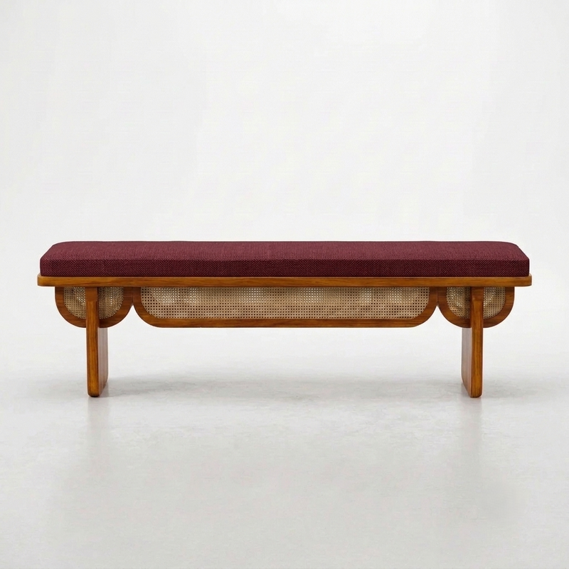Sheesham Wood Designer Cane Bench with Maroon Upholstered Seat