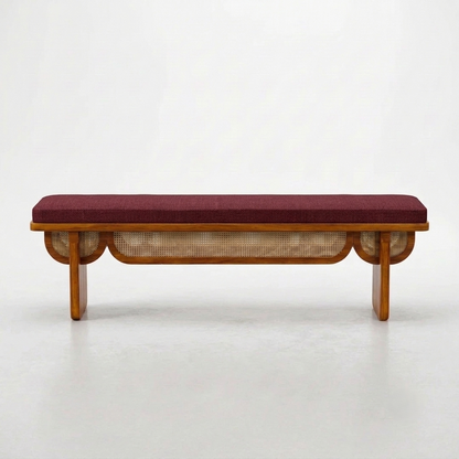 Sheesham Wood Designer Cane Bench with Maroon Upholstered Seat