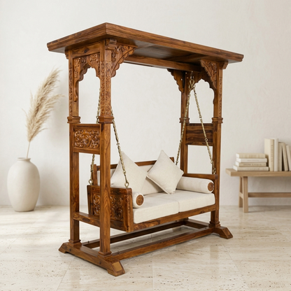Ambar Solid Wood Temple Swing with Stand | Traditional Hand-Carved Wooden Jhula For Living Room