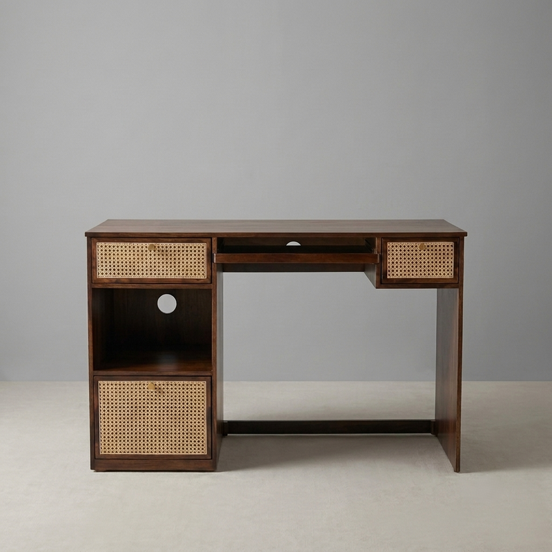 Suryavanshi Sheesham Wood Study Desk with Cane-Woven Drawers – Walnut Finish
