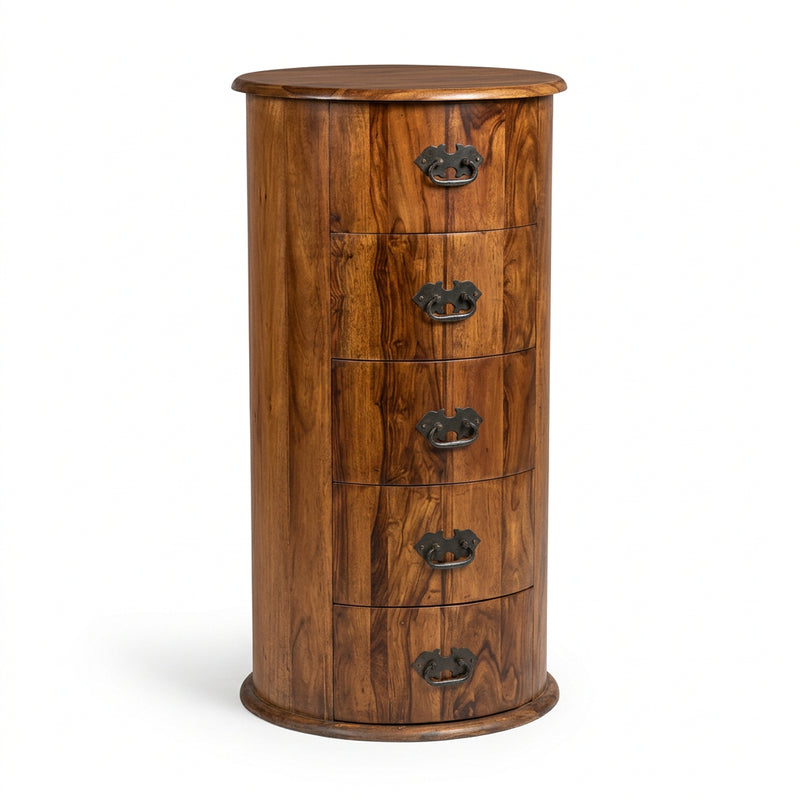 Windsor - Sheesham Wood Round Chest of Drawers with Antique Black Metal Handles, 5 Drawer Storage Cabinet