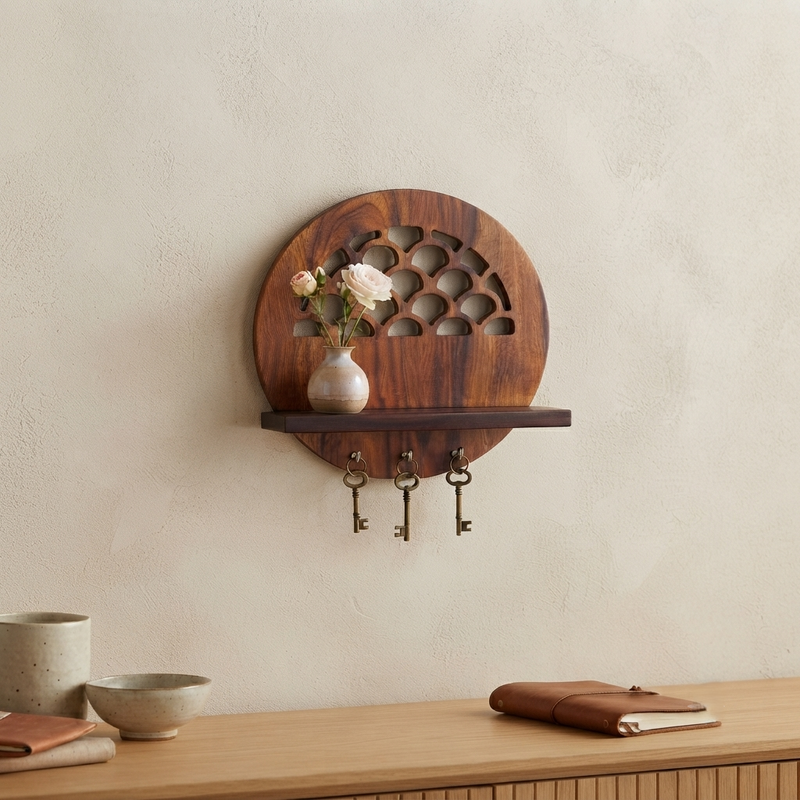 Suryavanshi Florence Wooden Wall Shelf with Key Hooks and Arch Cutout Design