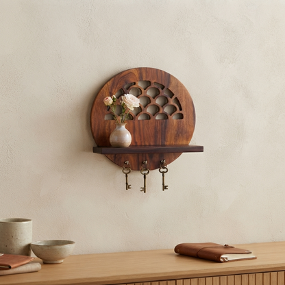Suryavanshi Florence Wooden Wall Shelf with Key Hooks and Arch Cutout Design