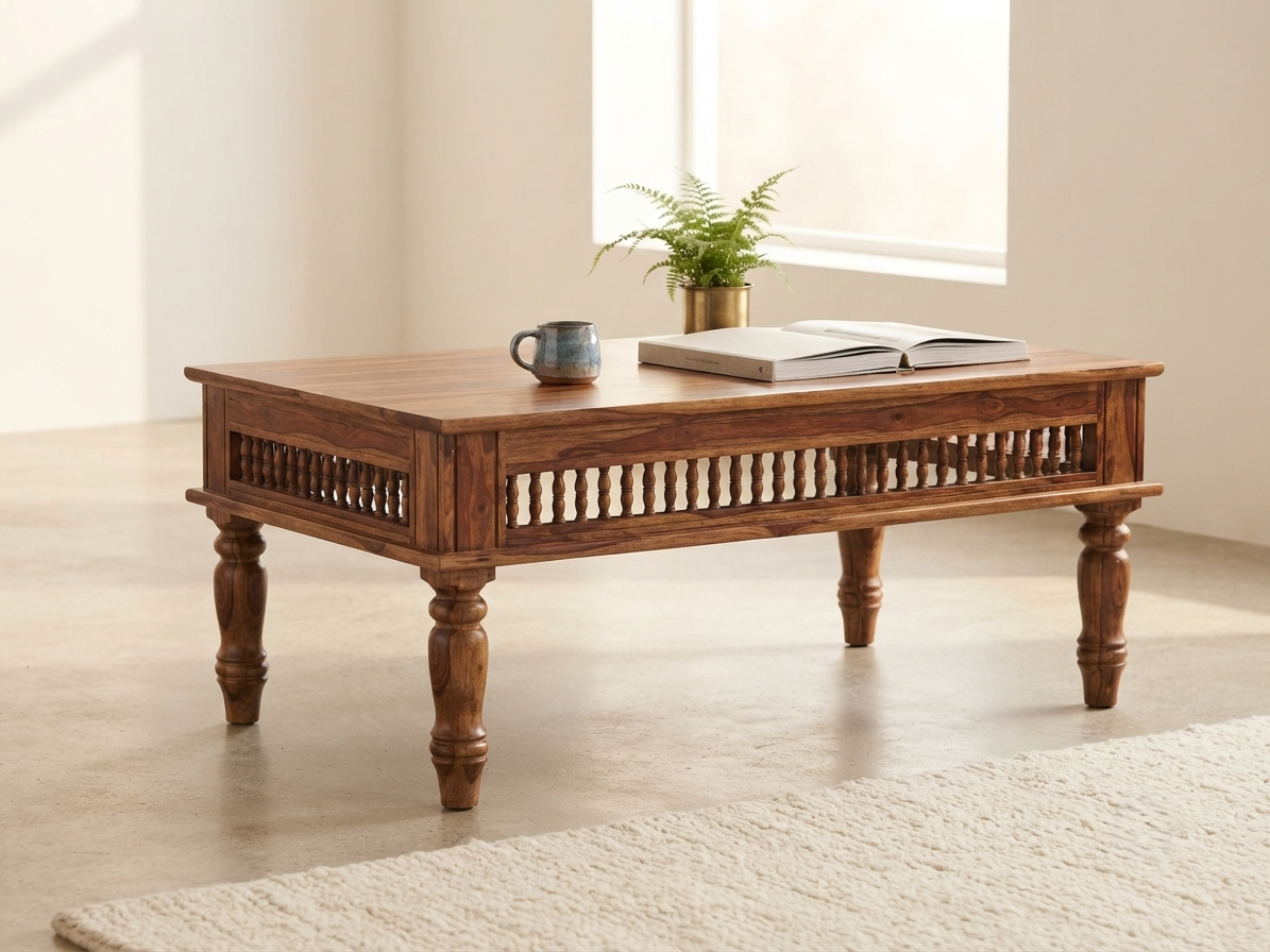 Kothari Solid Wood Coffee Table with Carved Spindle Details, Honey Finish