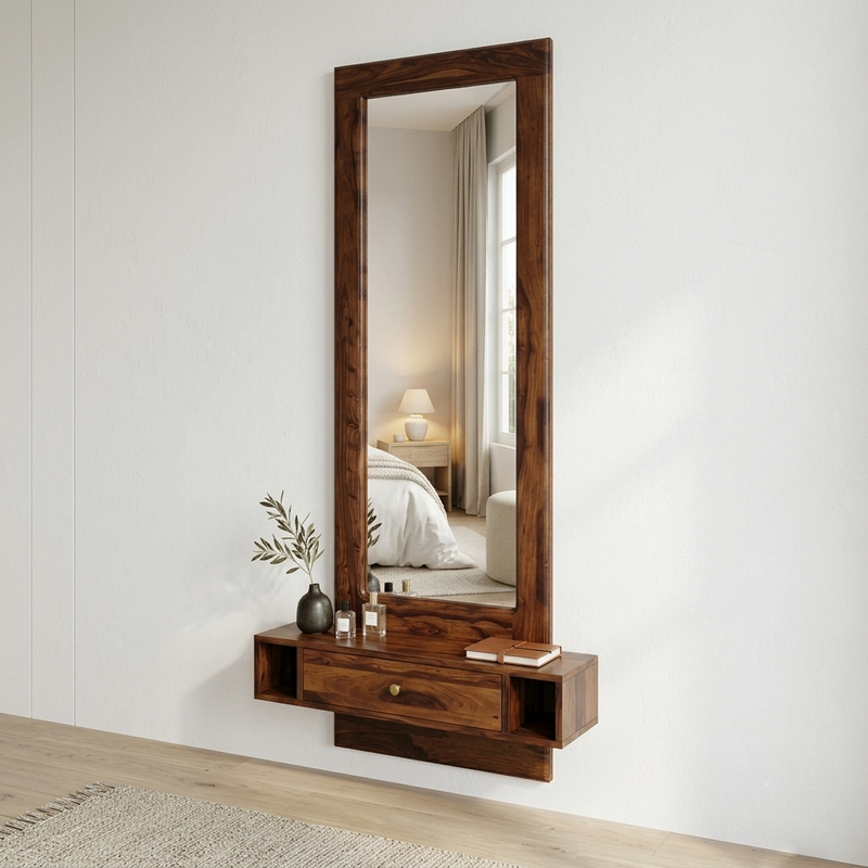 Solid Wood Wall-Mounted Dressing Mirror with Drawer & Side Storage