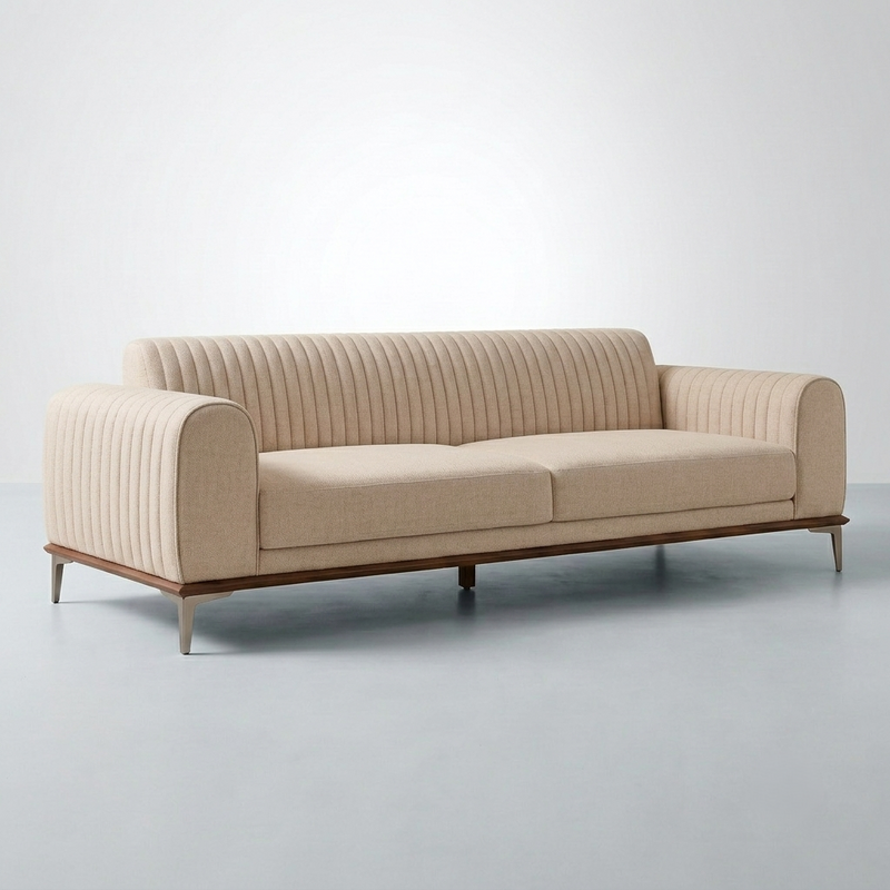 Belmont Luxury Fluted Cream Upholstered 3 Seater Sofa with Metal Legs