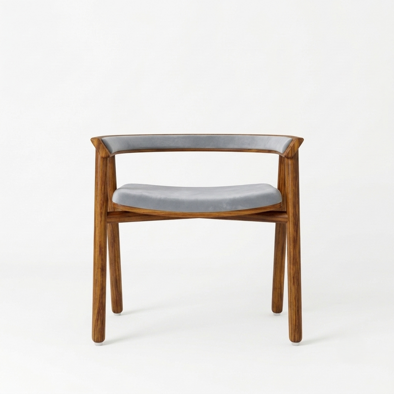Sheesham Wood Armchair with Grey Cushioned Seat & Backrest - Modern Mid-Century Accent Chair